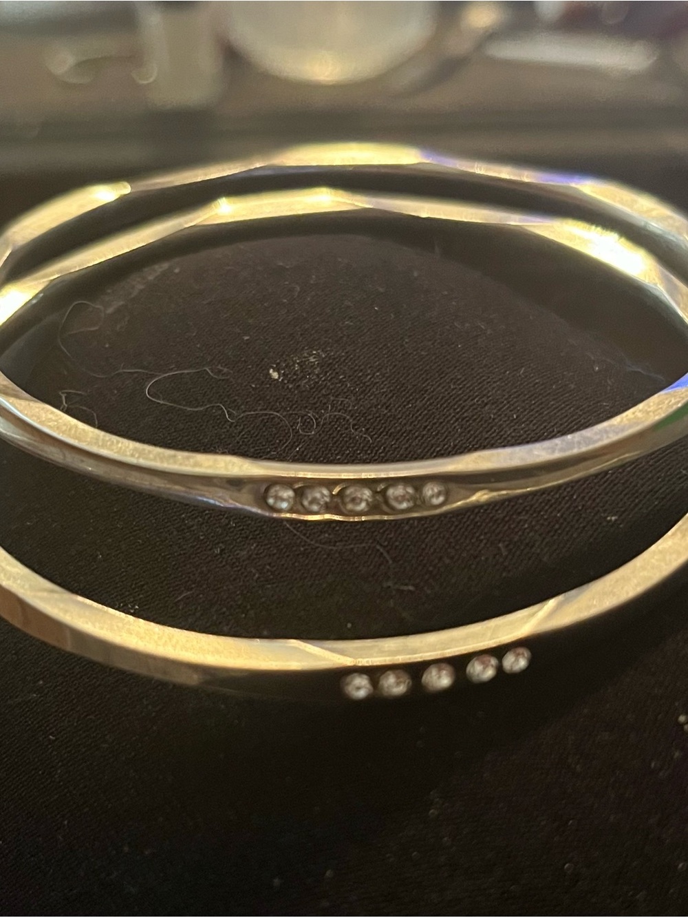 (2) Silver Tone Thin Wavy Bangle Bracelets with Rhinestones